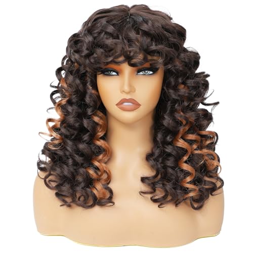 GKtineke-Curly-Wig-Highlights Big-Curly-Wigs-for-White-Black-Women 20 Inch- Long-Curly-Wig-with-Bangs Synthetic-Hair-Replacement-Wigs-for- Cosplay and Daily (Highlight) - Image 2