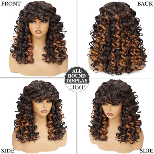 GKtineke-Curly-Wig-Highlights Big-Curly-Wigs-for-White-Black-Women 20 Inch- Long-Curly-Wig-with-Bangs Synthetic-Hair-Replacement-Wigs-for- Cosplay and Daily (Highlight) - Image 3