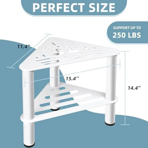 Corner Shower Stool for Shaving Legs - Metal Foot Rest Bench with Storage Shelf, Waterproof Non-Slip Chair for Bathroom Spa, White - Image 2