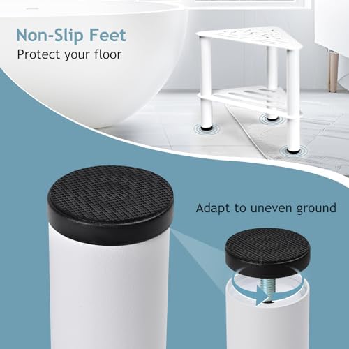 Corner Shower Stool for Shaving Legs - Metal Foot Rest Bench with Storage Shelf, Waterproof Non-Slip Chair for Bathroom Spa, White - Image 5