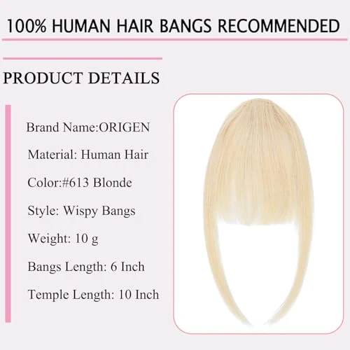 ORIGEN Clip in Bangs Real Human Hair Clip on Wispy Bangs Fringe with Temples Hairpieces Fake Front Bangs Extensions for Women Yellow Blonde Color - Image 2