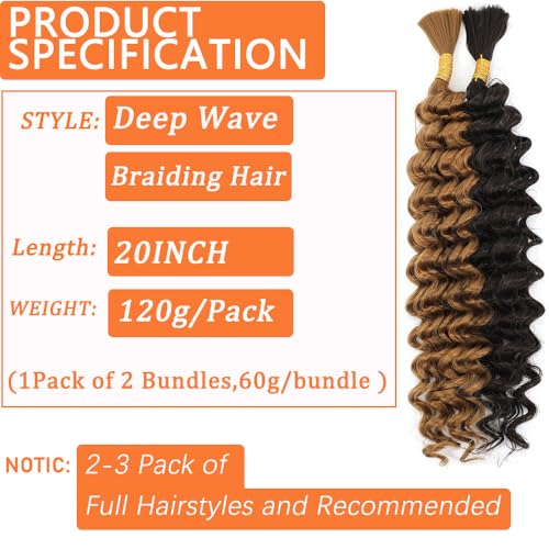 Human Braiding Hair Mix Synthetic Boho Hair for Braiding, 18 Inch Wet and Wavy Braiding Hair 2 Pcs Deep Wave Bulk Hair for Braiding Curly Bohemian Hair Extensions (P4/27, 20INCH) - Image 3