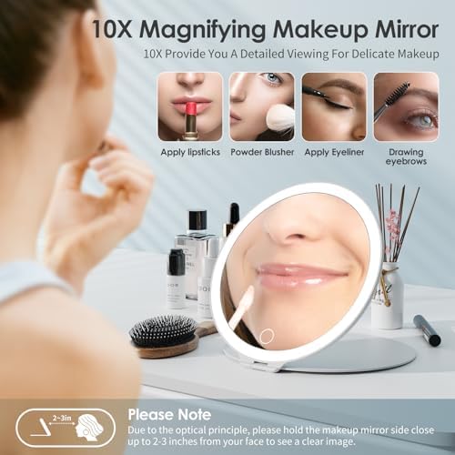 Large 10X Magnification 7 Inch Rechargeable Travel Makeup Mirror, Portable Vanity Mirror with 80 LED Lights, 3 Color Lighting and Dimmable Touch Screen,Travel Essentials,Gift for Women - Image 4
