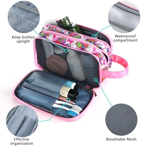 Kids Toiletry Bag for Girls, Travel Toiletry Bag for Little Young Girls Cosmetic Bag Makeup Bag Waterproof Hanging Wash Bag Toddler Toiletries, Butterfly Pink - Image 3