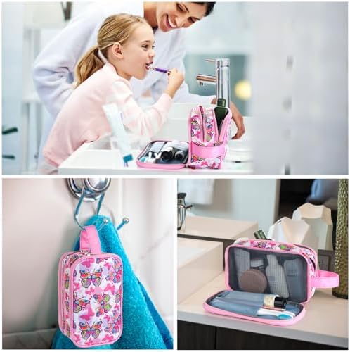 Kids Toiletry Bag for Girls, Travel Toiletry Bag for Little Young Girls Cosmetic Bag Makeup Bag Waterproof Hanging Wash Bag Toddler Toiletries, Butterfly Pink - Image 6