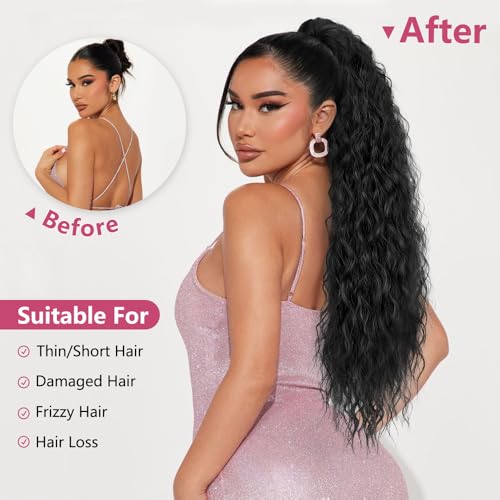 ALXNAN Claw Clip Ponytail,30 Inch Black Ponytail Extension for Women Synthetic Long Curly Wavy Clip in Ponytail Hair Extensions Synthetic Hairpiece for Daily Party Use - Image 2