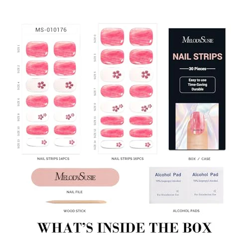 MelodySusie 30PCS Semi Cured Gel Nail Strips (Pink Glitter Flower), Works with Nail lamp, Salon Quality, Long Lasting, Easy to Apply and Remove, Includes 2 Prep Pads, Nail File and Wooden Stick - Image 5