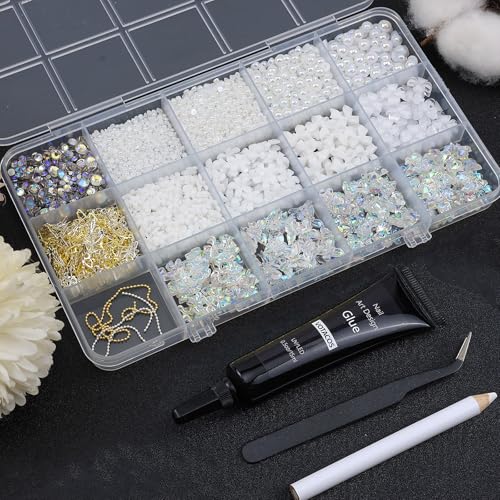 Flatback Nail Art Pearls Flower Bow Nail Charms with Nail Rhinestones Glue Gel Gold Silver Butterfly Nail Supplies Colorful Nail Pearls Rhinestones Gems for Women Acrylic Nail Decoratons - Image 2