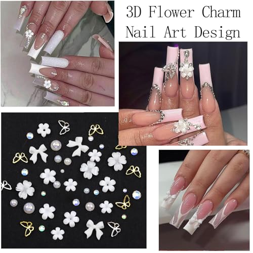 Flatback Nail Art Pearls Flower Bow Nail Charms with Nail Rhinestones Glue Gel Gold Silver Butterfly Nail Supplies Colorful Nail Pearls Rhinestones Gems for Women Acrylic Nail Decoratons - Image 3