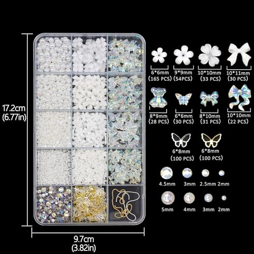 Flatback Nail Art Pearls Flower Bow Nail Charms with Nail Rhinestones Glue Gel Gold Silver Butterfly Nail Supplies Colorful Nail Pearls Rhinestones Gems for Women Acrylic Nail Decoratons - Image 7
