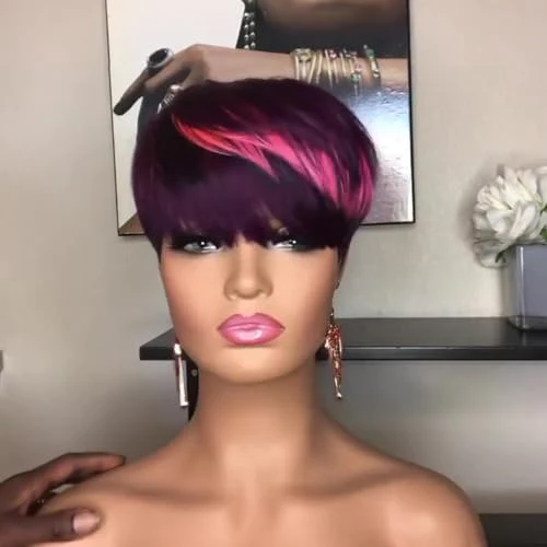 PangDongLai 10A Pixie Cut Wigs for Black Women Purple/pink Color Short Layered Pixie Haircut Wigs With Bangs Brazilian Virgin Human Hair Wigs for Women Glueless Full Machine Made Wigs - Image 4