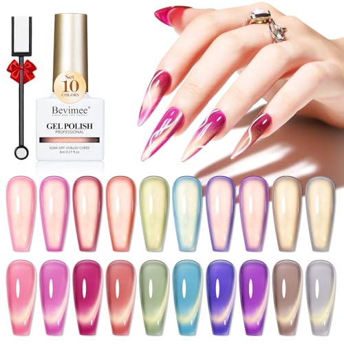 Cat Eye Gel Nail Polish Set-10 Colors with Magnet Cats Eye Gel Polish Silver Pink Blue Jelly Glass Effect Crystal Glitter Cateye UV Gel Kit Home Manicure DIY Nail Art