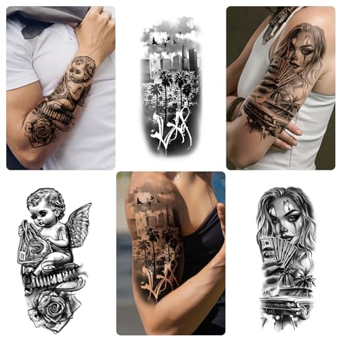 46 Large Chicano Temporary Tattoo for Men Women, Full Arm Day of the Dead Gangster Prisoner Fake Tattoos Mexico Cholas Lowriders Clown Tattoos, Tiny Cosplay Body Tattoos Stickers Realistic Adult Kid - Image 5
