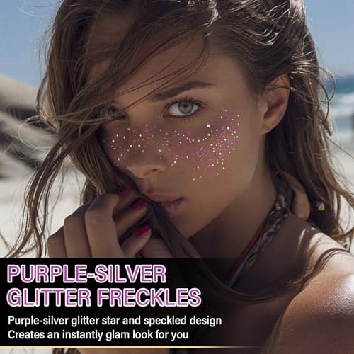 10 Pcs Purple-Silver Dual-Tone Glitter Freckles, Double Colors Glitter Face Tattoo, Waterproof Face Sparkle, Long-Lasting 48h Freckles for Women - Image 2