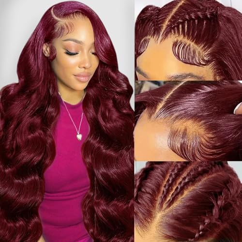 30 Inch 99j Burgundy 13x6 Body Wave Lace Front Wigs Human Hair 200% Density Glueless HD Transparent Lace Frontal Wigs Human Hair Pre Plucked With Baby Hair Burgundy Wine Red Human Hair Wigs For Women - Image 2