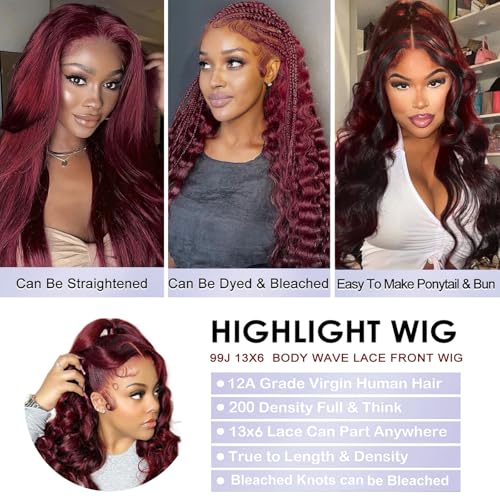 30 Inch 99j Burgundy 13x6 Body Wave Lace Front Wigs Human Hair 200% Density Glueless HD Transparent Lace Frontal Wigs Human Hair Pre Plucked With Baby Hair Burgundy Wine Red Human Hair Wigs For Women - Image 3