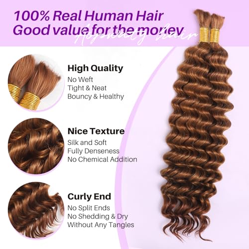 Human Braiding Hair for Boho Braids, Deep Wave Bulk Boho Braids Human Hair for Boho Knotless Braids Curly Bohemian Water Wave Braiding 70g 20 Inch Auburn Ginger (2 No Weft Bundles/Pack) - Image 2