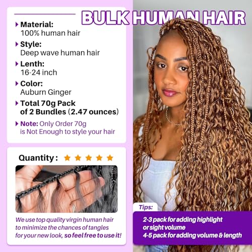 Human Braiding Hair for Boho Braids, Deep Wave Bulk Boho Braids Human Hair for Boho Knotless Braids Curly Bohemian Water Wave Braiding 70g 20 Inch Auburn Ginger (2 No Weft Bundles/Pack) - Image 3