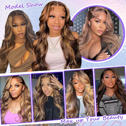 Honey Blonde Ombre Lace Front Wig Human Hair Highlight Body Wave 13X6 Lace Front Wigs Human Hair Pre Plucked HD Frontal 180 Density Glueless 4/27 Highlighted Human Hair Wig 30 Inch - Image 6