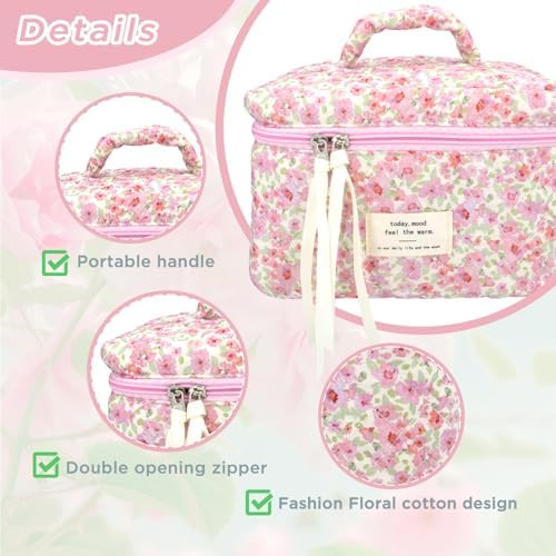 Makeup Bag Large Travel Quilted Cosmetic Makeup Bag Organizer, Floral Cotton Coquette Aesthetic Toiletry Bag for Women Girls (Pink Floral-L) - Image 3