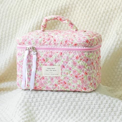 Makeup Bag Large Travel Quilted Cosmetic Makeup Bag Organizer, Floral Cotton Coquette Aesthetic Toiletry Bag for Women Girls (Pink Floral-L) - Image 4