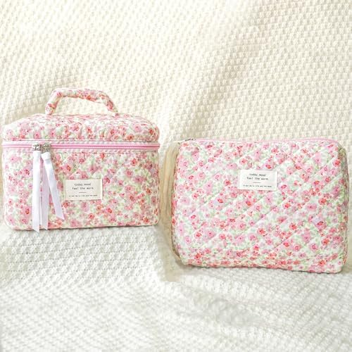 Makeup Bag Large Travel Quilted Cosmetic Makeup Bag Organizer, Floral Cotton Coquette Aesthetic Toiletry Bag for Women Girls (Pink Floral-L) - Image 5