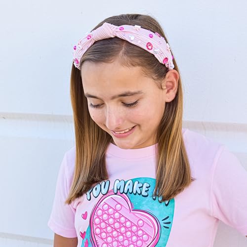 FROG SAC Top Knot Headband for Girls - Knotted Valentines Day Head Bands for Kids, Jeweled Rhinestone Vday Hair Band for Children, Pink Embellished Hair Accessories for Toddlers, Little Girl Hairband - Image 2