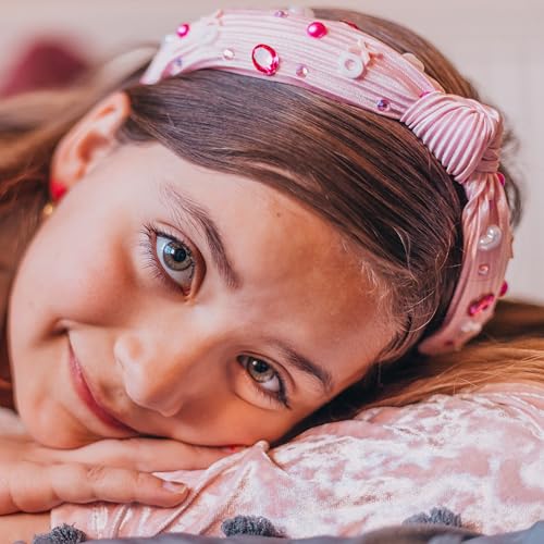 FROG SAC Top Knot Headband for Girls - Knotted Valentines Day Head Bands for Kids, Jeweled Rhinestone Vday Hair Band for Children, Pink Embellished Hair Accessories for Toddlers, Little Girl Hairband - Image 3