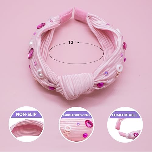 FROG SAC Top Knot Headband for Girls - Knotted Valentines Day Head Bands for Kids, Jeweled Rhinestone Vday Hair Band for Children, Pink Embellished Hair Accessories for Toddlers, Little Girl Hairband - Image 4