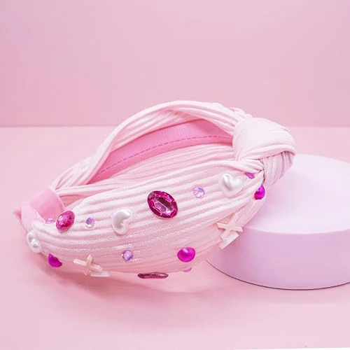 FROG SAC Top Knot Headband for Girls - Knotted Valentines Day Head Bands for Kids, Jeweled Rhinestone Vday Hair Band for Children, Pink Embellished Hair Accessories for Toddlers, Little Girl Hairband - Image 5