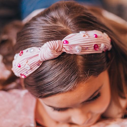 FROG SAC Top Knot Headband for Girls - Knotted Valentines Day Head Bands for Kids, Jeweled Rhinestone Vday Hair Band for Children, Pink Embellished Hair Accessories for Toddlers, Little Girl Hairband - Image 6
