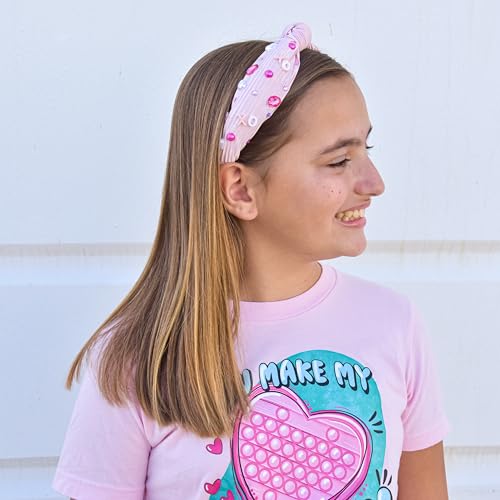 FROG SAC Top Knot Headband for Girls - Knotted Valentines Day Head Bands for Kids, Jeweled Rhinestone Vday Hair Band for Children, Pink Embellished Hair Accessories for Toddlers, Little Girl Hairband - Image 7