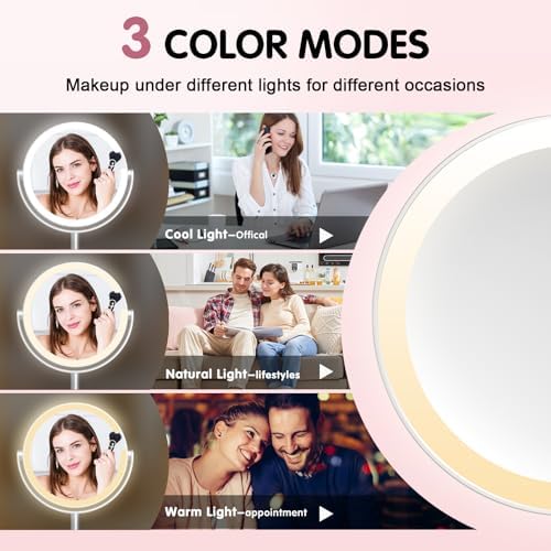 10x Magnifying Mirror with Light - 8in Double Sided Makeup Mirror, 360° Rotation Magnifying Mirror with Light, Portable Travel Makeup Mirror with 3 Color Light,Rechargeable Adjustable Vanity Mirror - Image 2