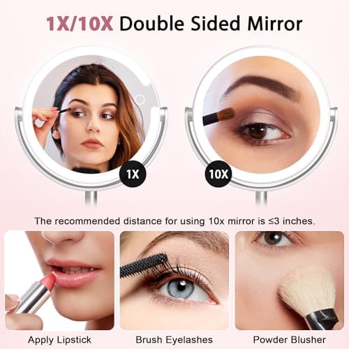 10x Magnifying Mirror with Light - 8in Double Sided Makeup Mirror, 360° Rotation Magnifying Mirror with Light, Portable Travel Makeup Mirror with 3 Color Light,Rechargeable Adjustable Vanity Mirror - Image 4