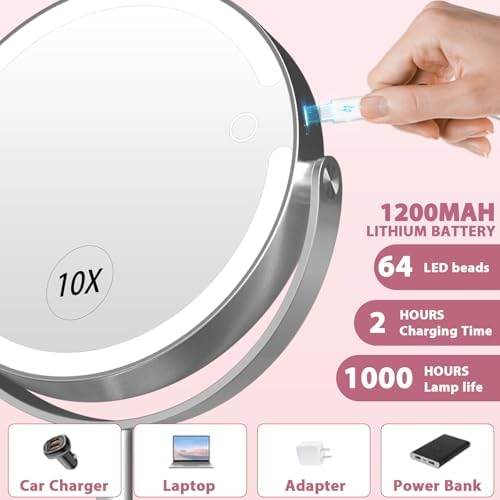 10x Magnifying Mirror with Light - 8in Double Sided Makeup Mirror, 360° Rotation Magnifying Mirror with Light, Portable Travel Makeup Mirror with 3 Color Light,Rechargeable Adjustable Vanity Mirror - Image 5