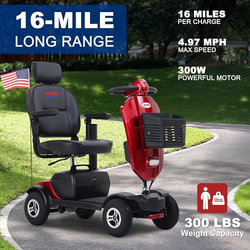 Metro Mobility Powered Mobility Scooters, 4 Wheel Mobility Scooters for Adults, 300 lbs Capacity Folding Mobility Scooter Lightweight, 16 Miles Long Travel Range Scooter with USB Charger Port Red - Image 6