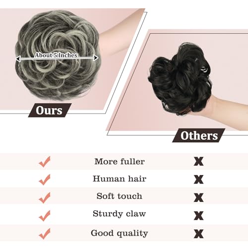 RUWISS Claw Clip Messy Bun Hair Piece Real Human Hair Buns Wavy Curly Chignon Hair Bun Extensions Tousled Updo Hair Buns Claw Clip Ponytail for Women (Black mix Gray and Platinum Blonde Tips) - Image 3