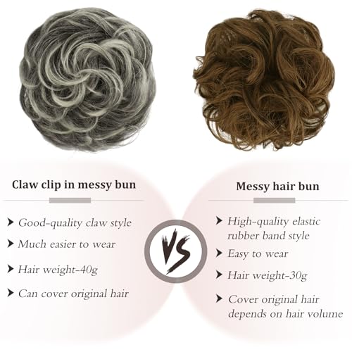 RUWISS Claw Clip Messy Bun Hair Piece Real Human Hair Buns Wavy Curly Chignon Hair Bun Extensions Tousled Updo Hair Buns Claw Clip Ponytail for Women (Black mix Gray and Platinum Blonde Tips) - Image 4