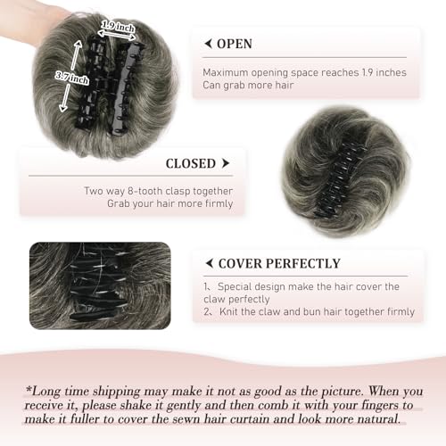RUWISS Claw Clip Messy Bun Hair Piece Real Human Hair Buns Wavy Curly Chignon Hair Bun Extensions Tousled Updo Hair Buns Claw Clip Ponytail for Women (Black mix Gray and Platinum Blonde Tips) - Image 5