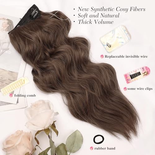 MORICA Halo Hair Extensions 20 Inch Medium Brown Invisible Wire Hair Extensions,Long Wavy Synthetic Hairpiece with Transparent Wire Adjustable Size, 4 Secure Clips for Women - Image 2