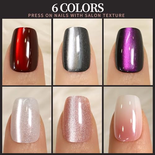 FANDAMEI Cat Eye Press On Nails, 6 Colors Press On Nails Short Square, Natural Fake Nails Fine Diamond Shine, Glossy Ombre, Cat Eye Press on Nails for Women with Salon Quality, Press on Nails Kit - Image 2
