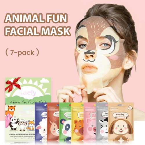 Kaely 7 Pack Animal Character Sheet Masks, Face Masks for Kids Teens Skin Care, Korean Soothe Facial Mask for All Skin Types, Girls Night Skincare Spa Party, Birthday Gifts for Women Men, Set01 - Image 2