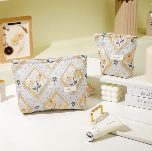 2 Pcs Makeup Bags, Large Cosmetic Bag Travel Toiletry Bag Organizer for Women, Embroidery Craft, Floral Makeup Bag Small Cosmetic Pouch Purse with Zipper Gifts for Girls Teen - Image 2