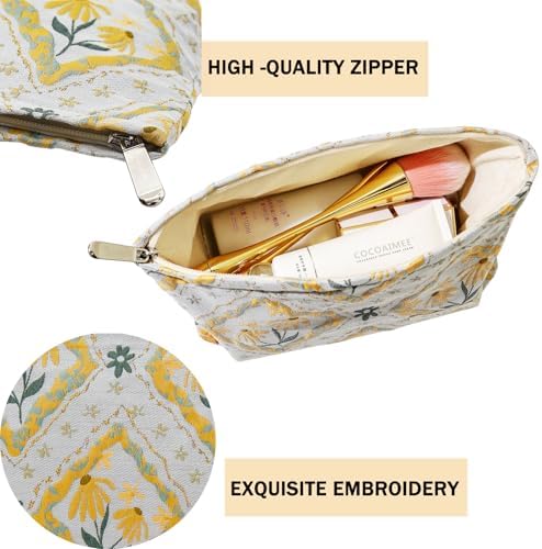 2 Pcs Makeup Bags, Large Cosmetic Bag Travel Toiletry Bag Organizer for Women, Embroidery Craft, Floral Makeup Bag Small Cosmetic Pouch Purse with Zipper Gifts for Girls Teen - Image 3