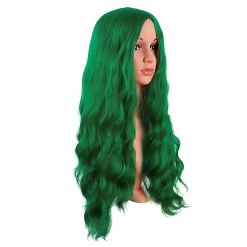 MapofBeauty 28 Inch/70 cm Long Wavy Middle Part with No Bangs Synthetic Fiber Curly Fashion Women Party Cosplay Wig (Grass Green) - Image 2