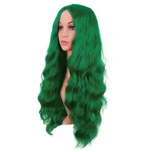 MapofBeauty 28 Inch/70 cm Long Wavy Middle Part with No Bangs Synthetic Fiber Curly Fashion Women Party Cosplay Wig (Grass Green) - Image 3