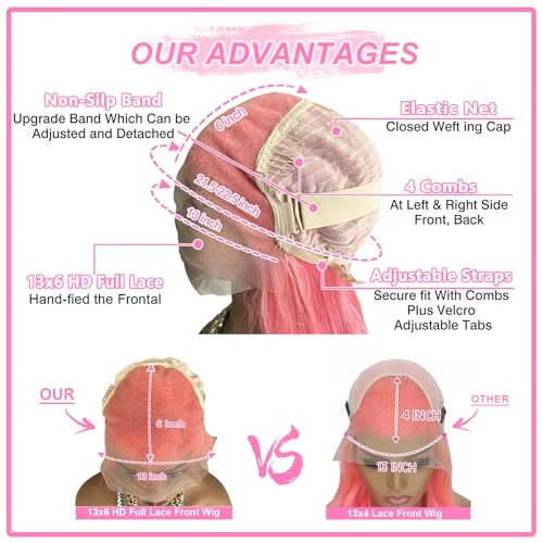 Pink Lace Front Wigs Human Hair 13x6 Body Wave Lace Front Wig Human Hair Pre Plucked 180% Density Hot Pink Hd Full Lace Frontal Wig Wear and Go Glueless Pink Wig Human Hair For Women 20 Inch - Image 3