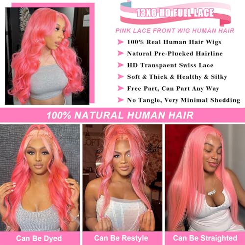 Pink Lace Front Wigs Human Hair 13x6 Body Wave Lace Front Wig Human Hair Pre Plucked 180% Density Hot Pink Hd Full Lace Frontal Wig Wear and Go Glueless Pink Wig Human Hair For Women 20 Inch - Image 4