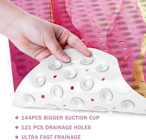 Marble Bath Tub Mat Non Slip, Pink Marble Non Slip Bath Mat for Shower, Large Washable Shower mats for Showers with Drain Holes and Suction Cups,40 X 16 Inch - Image 4
