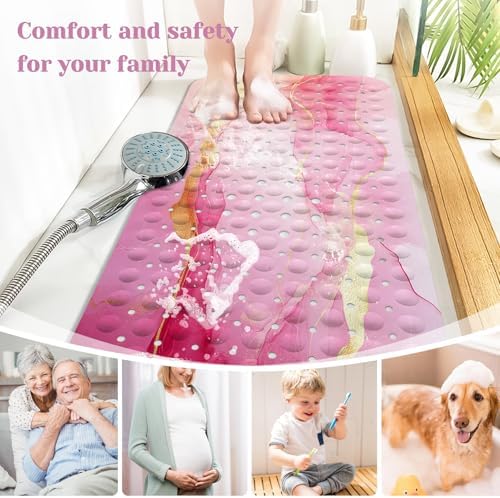 Marble Bath Tub Mat Non Slip, Pink Marble Non Slip Bath Mat for Shower, Large Washable Shower mats for Showers with Drain Holes and Suction Cups,40 X 16 Inch - Image 6